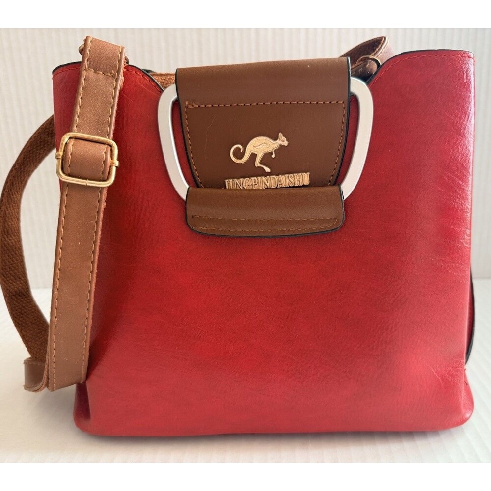 JINGPINDAISHU Women's Red & Brown Handbag Faux Leather Adjustable Strap